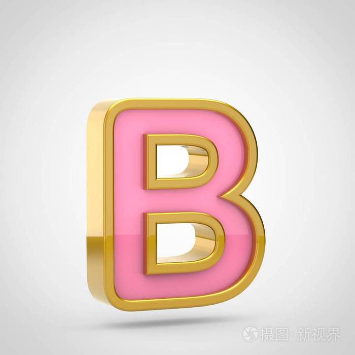 3d 渲染粉红色的字体与金色的轮廓白色背景, 大写字母 b