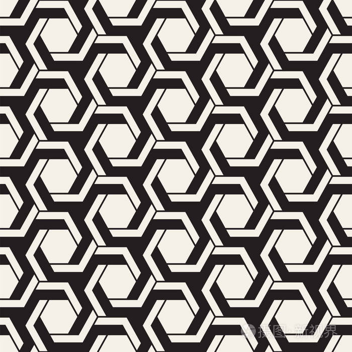 矢量无缝条纹图案.现代时尚的质感与单色格架.重复几何六边形网格.