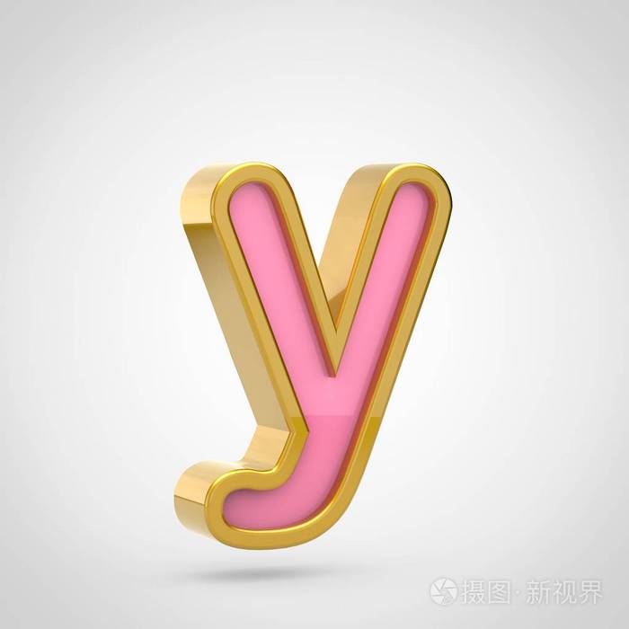 3d 渲染粉红色的字体与金色轮廓白色背景, 小写字母 Y