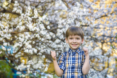 在春天的时候，附近花树微笑的快乐男孩幼儿男孩