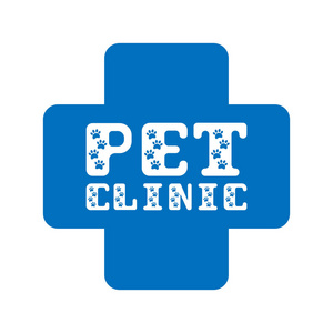 兽医诊所的徽章.蓝色十字架和文本与动物轨道照片