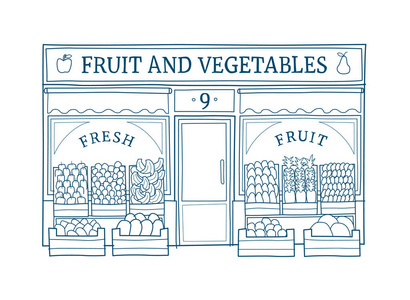 水果店标志图水果和蔬菜店门面手绘矢量插图照片