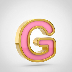 3d 渲染粉红色字体与金色轮廓白色背景, 大写字母 g照片