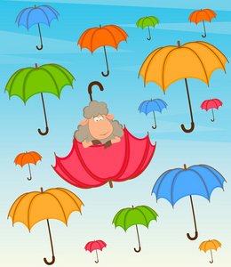 卡通绵羊在红伞上飞行的矢量图