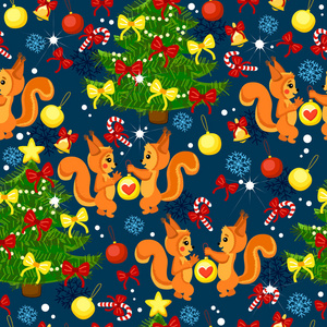 圣诞快乐的背景与树木, 松鼠, 球, 棒糖, 雪花, 蝴蝶结和礼物。假日无缝模式与有趣的动物