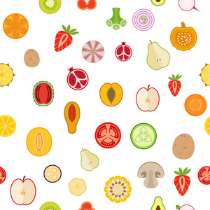 无缝背景白色背景上的蔬菜和水果。平面设计。矢量图
