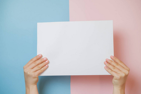 手捧纸空白 a4 大小在粉红色和蓝色背景照片