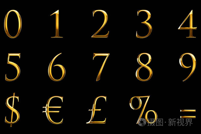 复古字体黄金色金属数字字母文字系列与欧元 美元 百分比 平等 英镑 符号在黑色的背景下 黄金豪华数字装饰 的概念照片 正版商用图片03lxln 摄图新视界