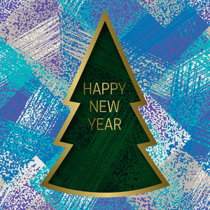 快乐的新年贺卡模板在垃圾纹理背景与圣诞树框架