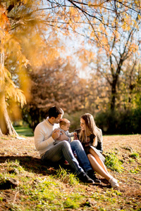 秋天公园里坐在地上的年轻家庭
