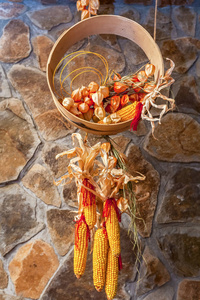 一堆在乌克兰老农舍里的干黄玉米。将干燥的玉米装饰与复古风格的餐厅连接起来