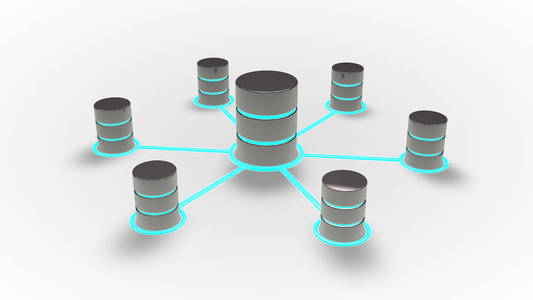 数据库和网络概念, 数据库图标蓝色发光. 3d 渲染