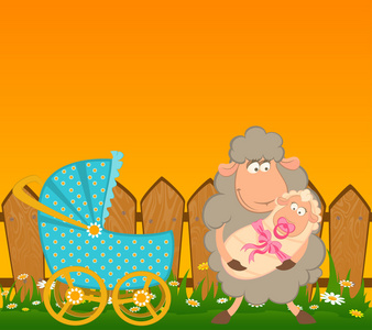 羊宝宝卡通矢量卡通笑羊与涂鸦婴儿马车照片