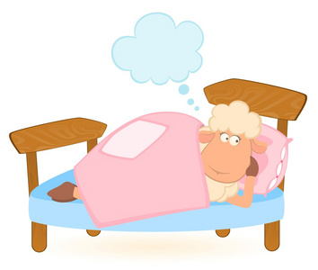 卡通绵羊睡在床上的毯子下面的插图