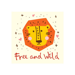 矢量卡与可爱的狮子在简单的设计和有趣的刻字孩子的贺卡设计, t恤打印, 灵感海报