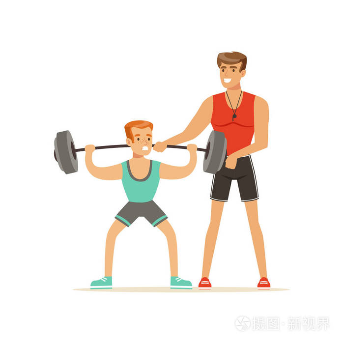 职业健身教练男子行使杠铃, 人行使控制下的个人教练矢量插图插画