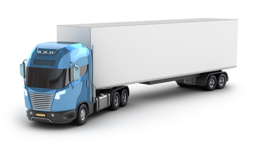 蓝色卡车与拖车顶部视图隔离在白色。