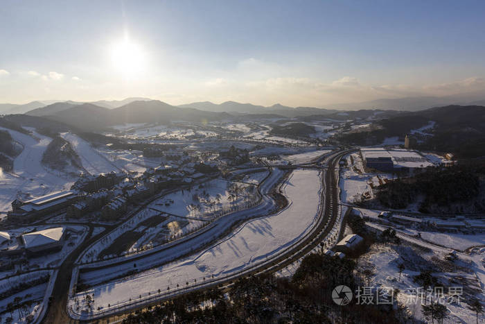 平昌, 韩国: 韩国平昌滑雪胜地的冬季景观.平昌, 南 korea/2016