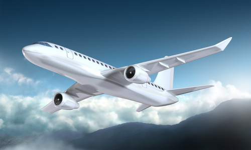 在蓝天上飞机飞机在空中孤立在蓝天上.照片