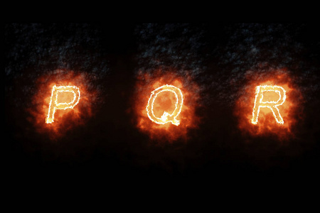 燃烧字体 p, q, r, 火字文本与火焰和烟雾黑色背景, 火热字母表的概念装饰