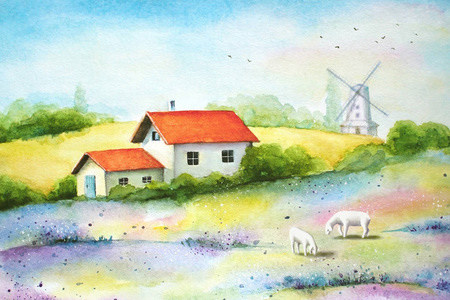 水彩生动的田园画, 田园风光, 野花, 小白农舍, 羊和风车照片