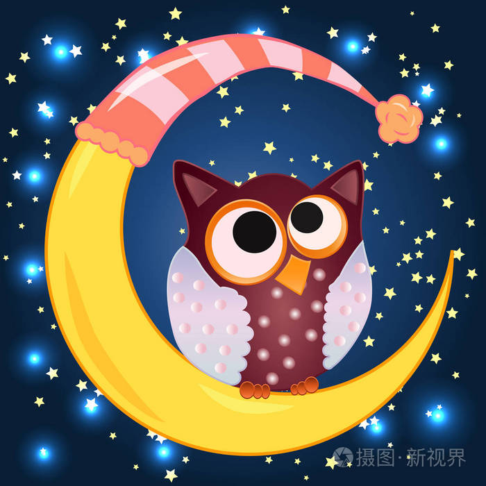一只可爱的卡通猫头鹰, 眼睛闭在熟睡的帽子上, 睡在一顶沉睡的新月上