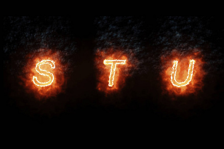 燃烧字体 s, t, u, 火字文字与火焰和烟雾黑色背景, 火热字母表的概念装饰