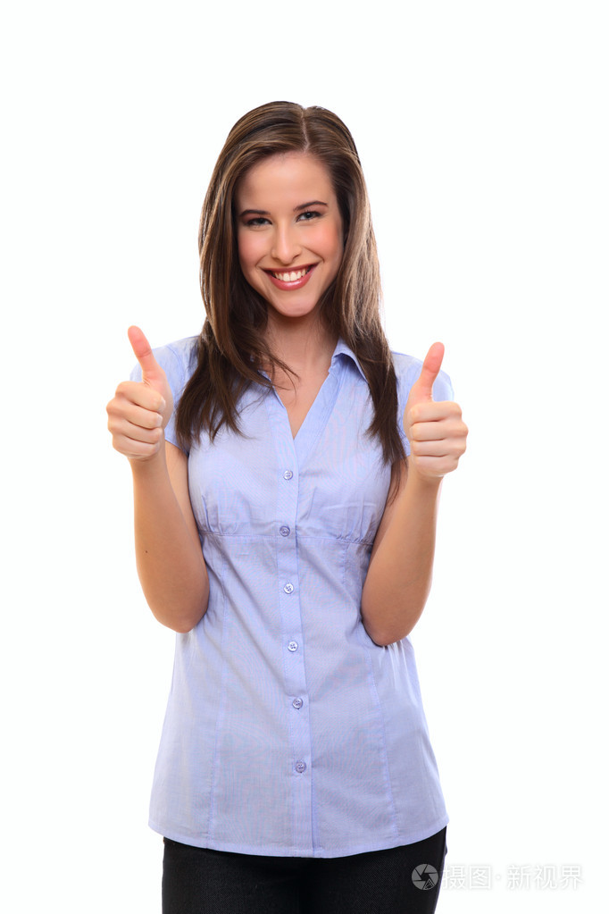 滑稽的黑发女人竖起大拇指