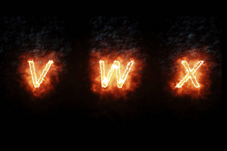燃烧字体 v, w, x, 火文字与火焰和烟雾在黑色背景下, 火热字母表的概念装饰