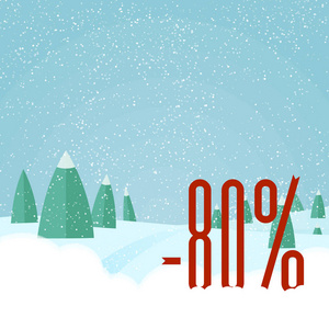 圣诞销售卡。矢量冬季假期景观背景与树木, 雪花, 飘落的雪