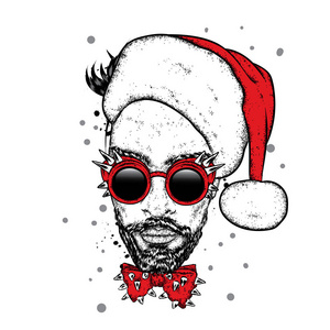 一个戴着尖刺眼镜和圣诞帽的时髦男人矢量插图。新年和圣诞节。圣诞老人
