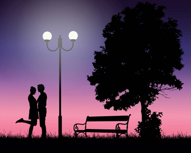 两个年轻的恋人拥抱在一棵树下, 一盏闪亮的灯, 粉红色的天空, 适合作为情人节矢量卡