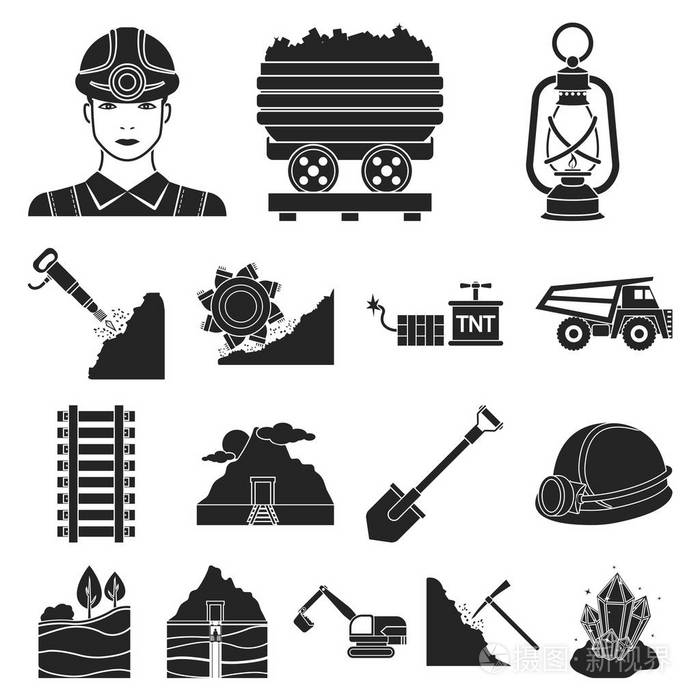采矿业为设计集集合中的黑色图标.设备和工具矢量符号库存 web 插图