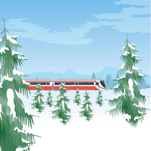 下雪的风景与火车。冬天的森林和天空。美丽的自然背景和覆盖着白雪的树木