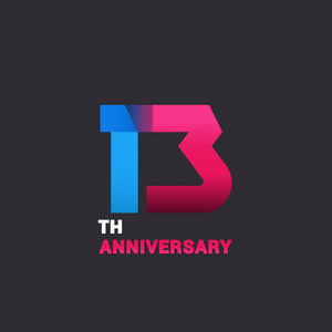 第十三周年纪念标志庆祝, 蓝色和粉红色平面设计矢量图黑色背景