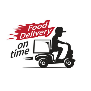 人乘坐食物运载摩托车与大白色箱子, 例证设计, 隔绝在白色背景
