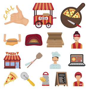 比萨饼和比萨店卡通图标集的设计。员工和设备矢量符号库存 web 插图