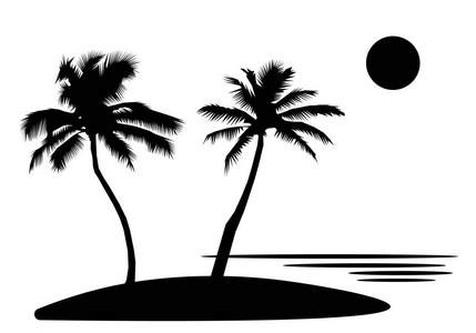 热带海岛与棕榈树 花 太阳。黑色的轮廓和白色背景上的轮廓。平面设计