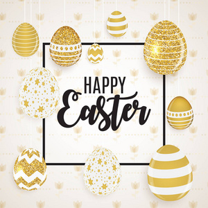 复活节快乐可爱的背景与鸡蛋。矢量插图