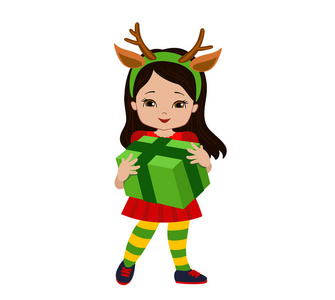 穿着鹿装的圣诞女孩拿着礼物