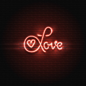 霓虹星座爱, 字爱在砖墙上的背景。元素为 St. 情人节设计。可用于贺卡横幅