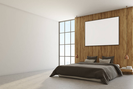 白色和木制的卧室, 灰色的床, 海报