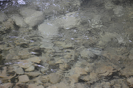 在河中透明的水的质地, 通过这是可见的山石