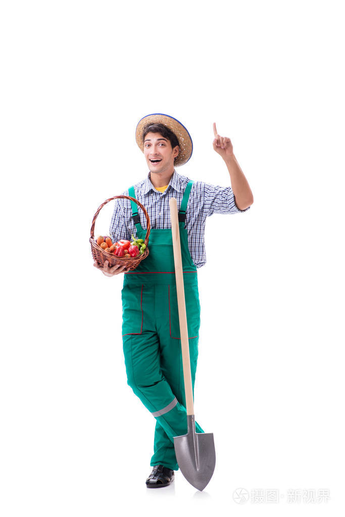 在白色的背景分离的年轻农夫