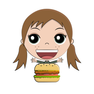 卡通女孩吃汉堡, 矢量