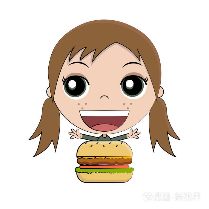 卡通女孩吃汉堡, 矢量