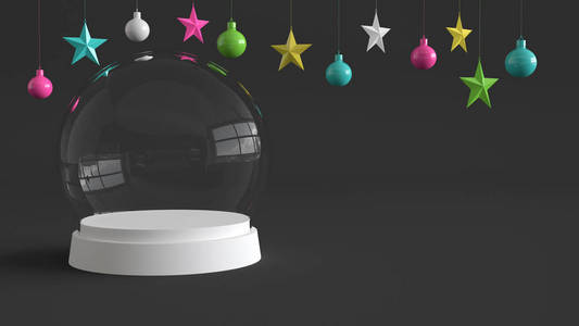 玻璃圆顶与白色托盘在黑暗的背景下悬挂五颜六色的球和明星饰品。新年或圣诞节的主题。3d 渲染