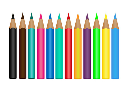 设置彩色铅笔在白色背景上隔离。矢量插图