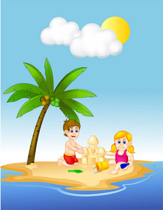 可爱的儿童卡通在岛上玩沙子图片