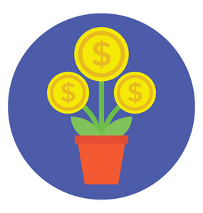 美元硬币代表经济增长概念的花盆扁平矢量图标